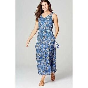 J JILL Tall Womens Maxi Dress M Floral Boho Blue Sleeveless Waist Tie Side Pckts